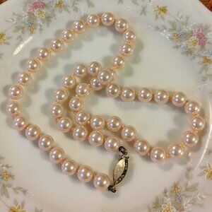 Vtg Blush Pink Glass Pearls Necklace Hand Knotted